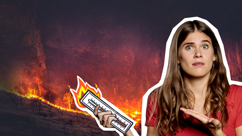 Ilka Knigge mit Thermometer. Im Hintergrund brennender Wald. Wetterextreme und der Klimawandel | Bild: BR/Klimawandel